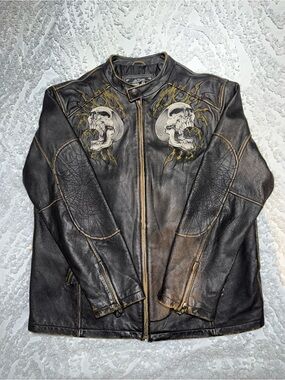 Affliction Black Leather Bomber Jacket with Skull Flame Artwork